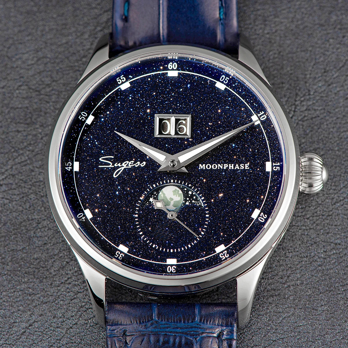 Sugess 2022 Luxury Man Watch Moonphase Blue GoldStone Dial Tianjin 2528 Movement Stainless Steel Starry Sky Limited Edition V3