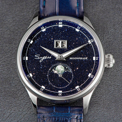 Sugess 2022 Luxury Man Watch Moonphase Blue GoldStone Dial Tianjin 2528 Movement Stainless Steel Starry Sky Limited Edition V3