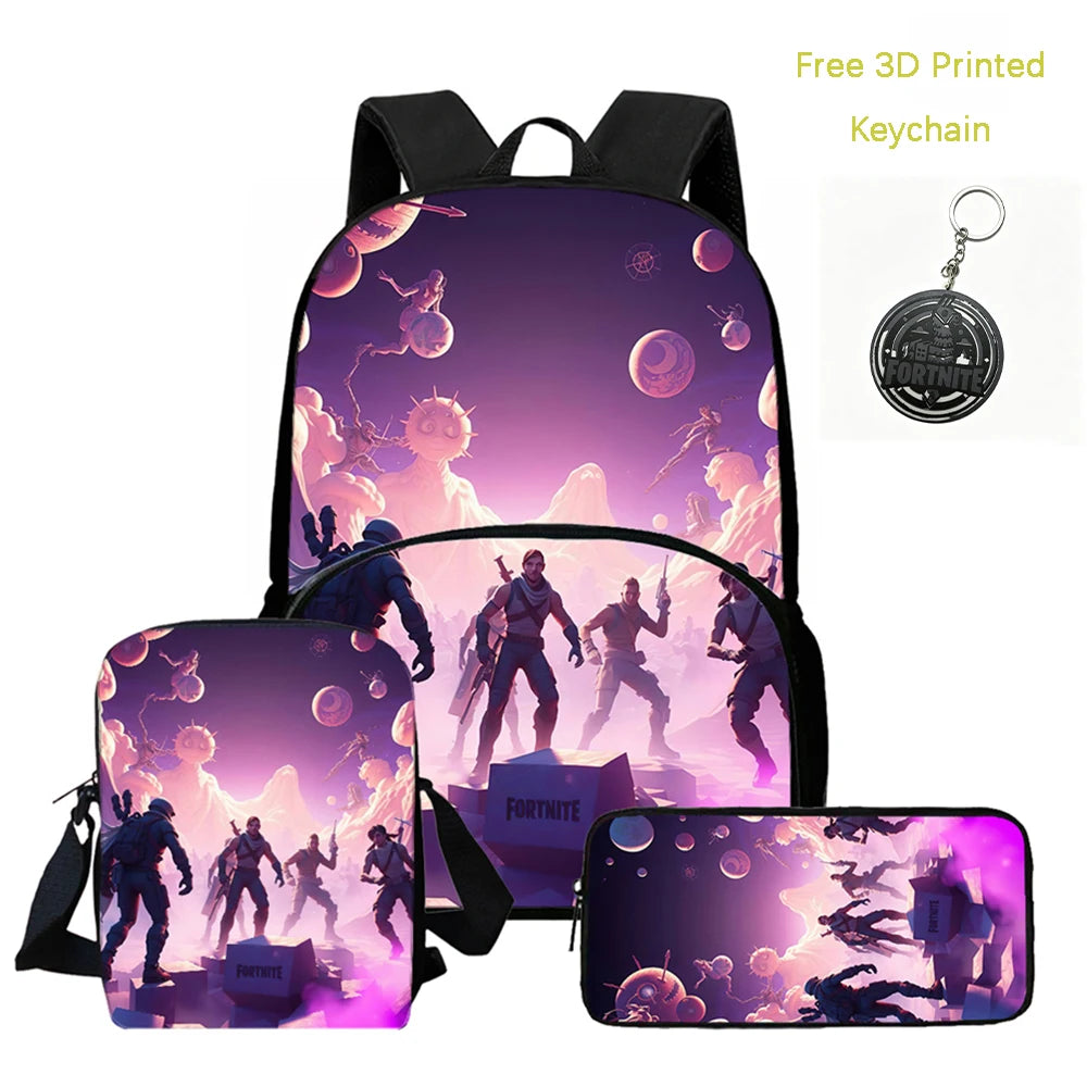 FORTNITE 3Pcs Lightweight Backpack With Front Pocket,Crossbody Bag&Pencil Case For Age 5-9 Boys Girls,Free 3D Printed Keychain.