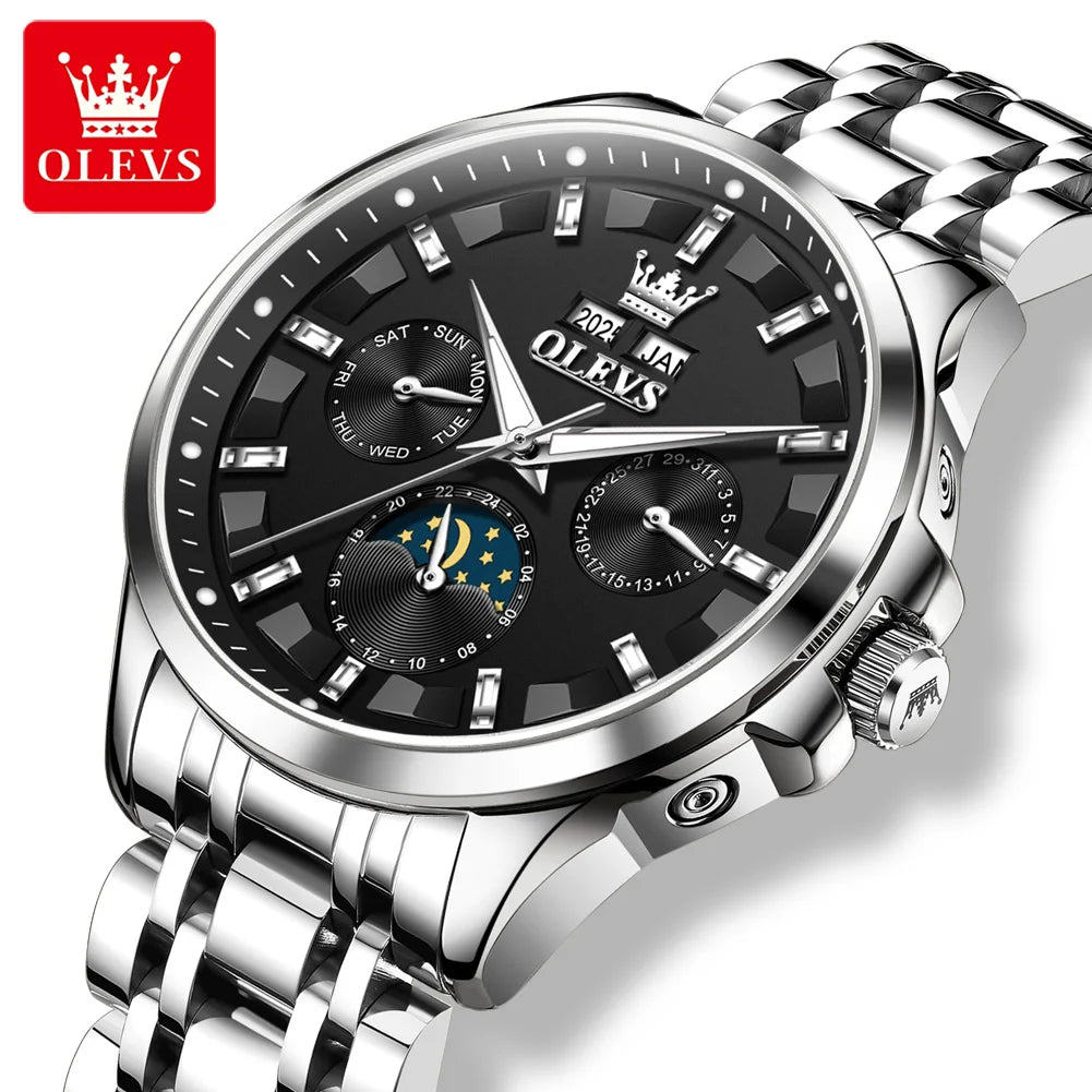 OLEVS 7070 Automatic Men's Watches Luxury Multi functional  Perpetual Calendar Moon Phase Luminous Mechanical Wristwatch For Man