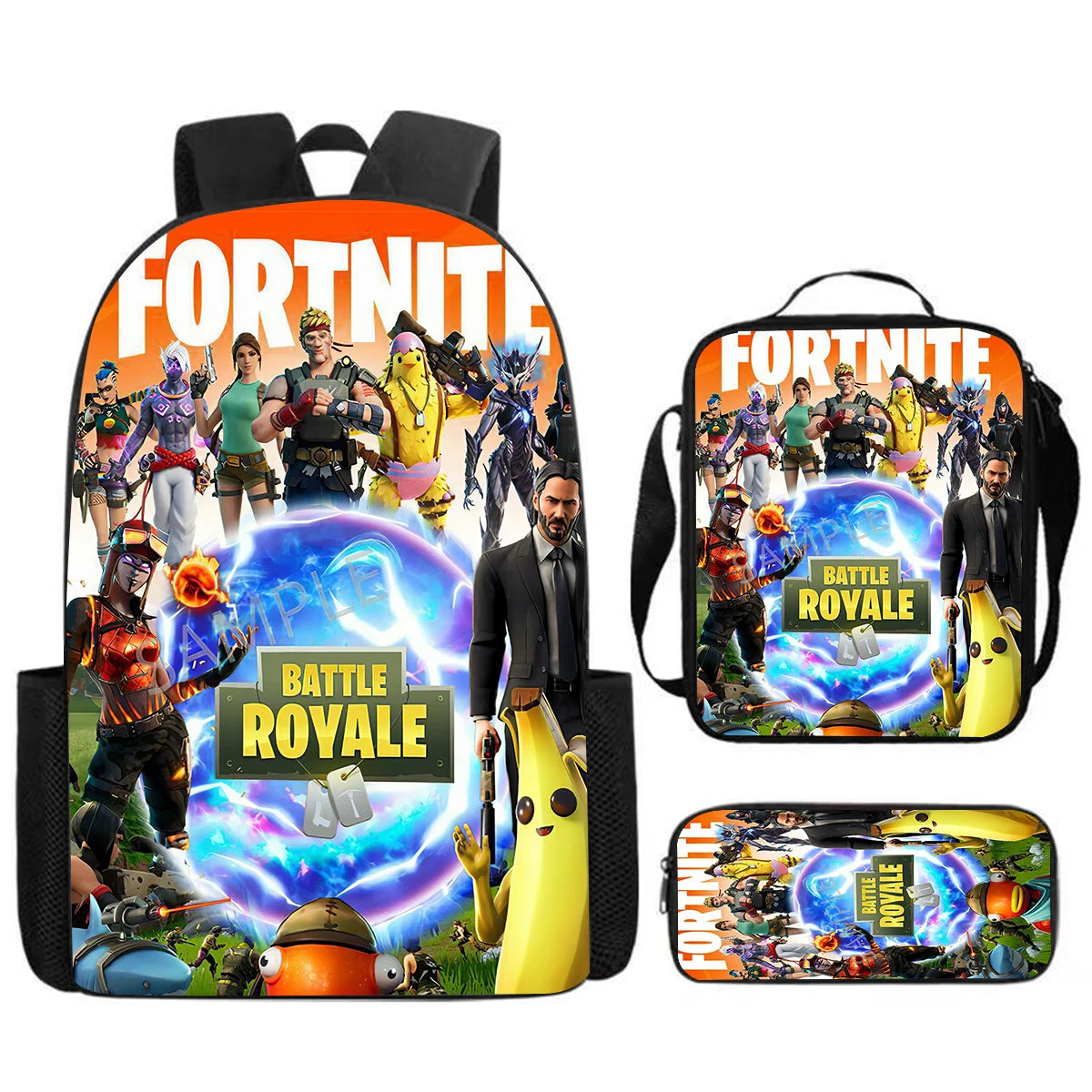 Cute Cartoon  3pcs Set School Backpack with Lunch Bag Pencil Case , Large Anime Fortnite Kids School Bags For Boys and Girls