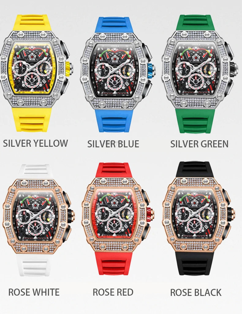 ONOLA Luxury Diamond Mechanical Wristwatches Fashion Sports Square Date Waterproof Automatic Man Watch Men Military Watch Clock