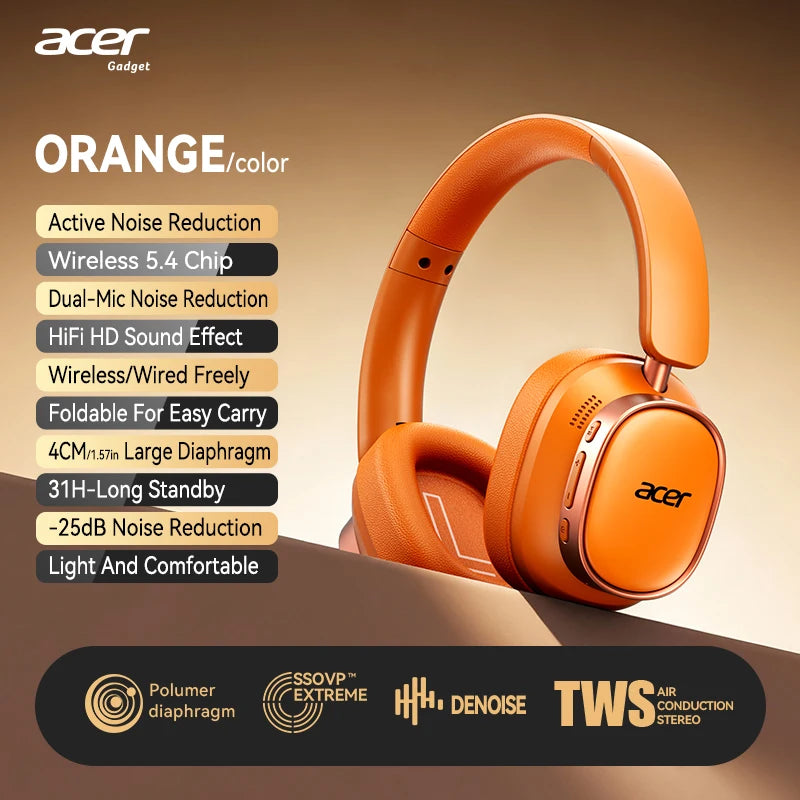 Acer Ohr633 2026 Nouveau modèle de casque Bluetooth sans fil, qualité sonore stéréo Hifi, réduction du bruit des appels, conception pliable et réglable, microphone haute définition intégré, casque de jeu