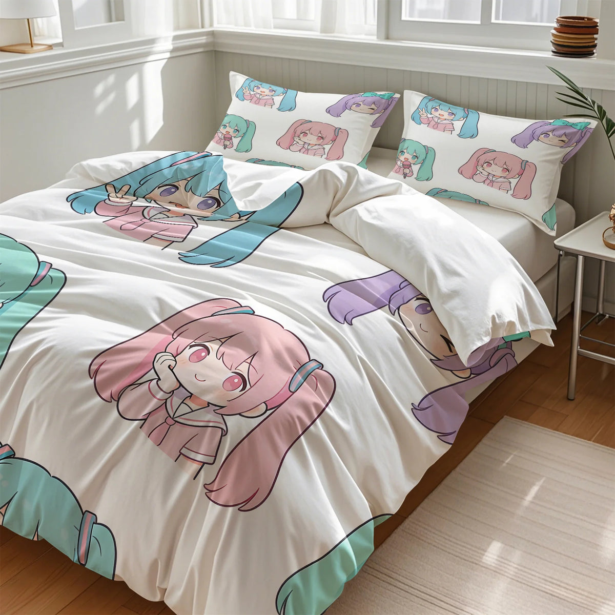 Komplet posteljnine Hatsune Miku v slogu chibi – simpatična anime posteljnina z vzglavniki za igralno sobo, dekoracija za otroško in najstniško spalnico, darilo za oboževalce