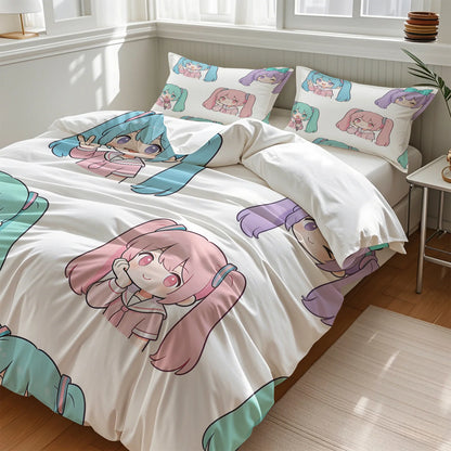 Komplet posteljnine Hatsune Miku v slogu chibi – simpatična anime posteljnina z vzglavniki za igralno sobo, dekoracija za otroško in najstniško spalnico, darilo za oboževalce