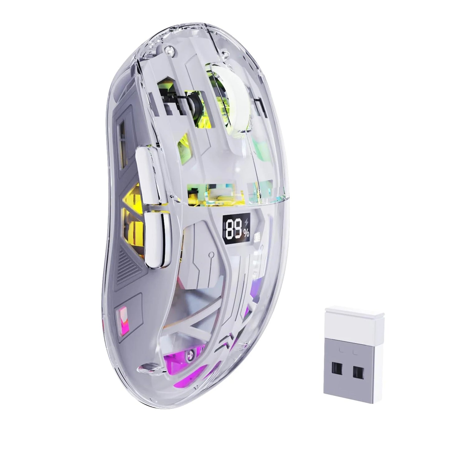A2 Transparent Wireless Gaming Mouse, BT 5.0/2.4G PC Rechargeable RGB Mice with Digital Screen, PixArt 3212, 5 Adjustable DPI