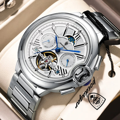 Orologio di lusso da uomo POEDAGAR – Modello meccanico a carica automatica con datario e indicatore del giorno, cinturino in pelle, tourbillon, impermeabile, stile elegante e professionale.