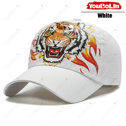 Outdoor Tiger Face Baseball Cap, Summer Quick-Dry Fabric, Mesh & Perforated Design, Ethnic Print Sun Protection Hat