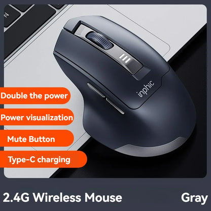 Brezžična miška Inphic M9 z 2.4G USB-sprejemnikom, polnilna prek Type-C, tihimi gumbi, prikazom napolnjenosti in ergonomsko zasnovo – univerzalna pisarniška miška