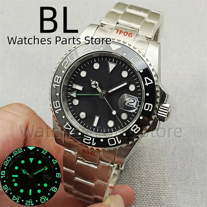 BLIGER 40mm 515 24H GMT Men's Watch Stainless Steel Clasp Luminous Quartz Movement Ceramic Bezel 10Bar Waterproof Sapphire Glass