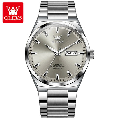 OLEVS Wristwatches Silver Gray Dial Automatic Mechanic Wrist Watch for Men Casual Sports Clock with Luminous relogios masculino