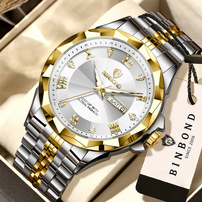 BINBOND Quarz-Herrenuhr – Luxuriöse, leuchtende und wasserdichte Armbanduhr mit automatischer Wochentags- und Datumsanzeige.