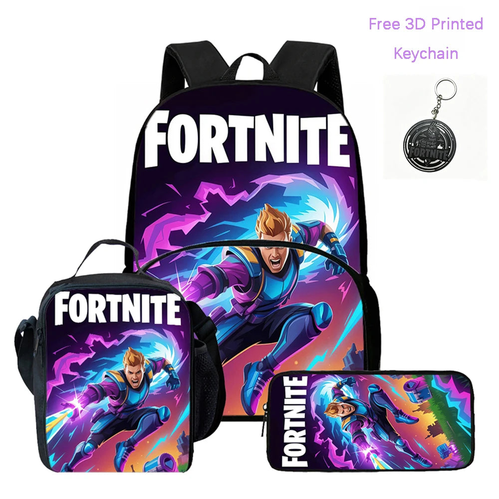 3-teiliges FORTNITE Cartoon-Schulset mit leichtem Rucksack, Fronttasche, Lunchbox und Federmäppchen für Kinder von 5-9 Jahren + kostenloser 3D-gedruckter Schlüsselanhänger