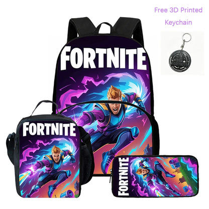 3-teiliges FORTNITE Cartoon-Schulset mit leichtem Rucksack, Fronttasche, Lunchbox und Federmäppchen für Kinder von 5-9 Jahren + kostenloser 3D-gedruckter Schlüsselanhänger
