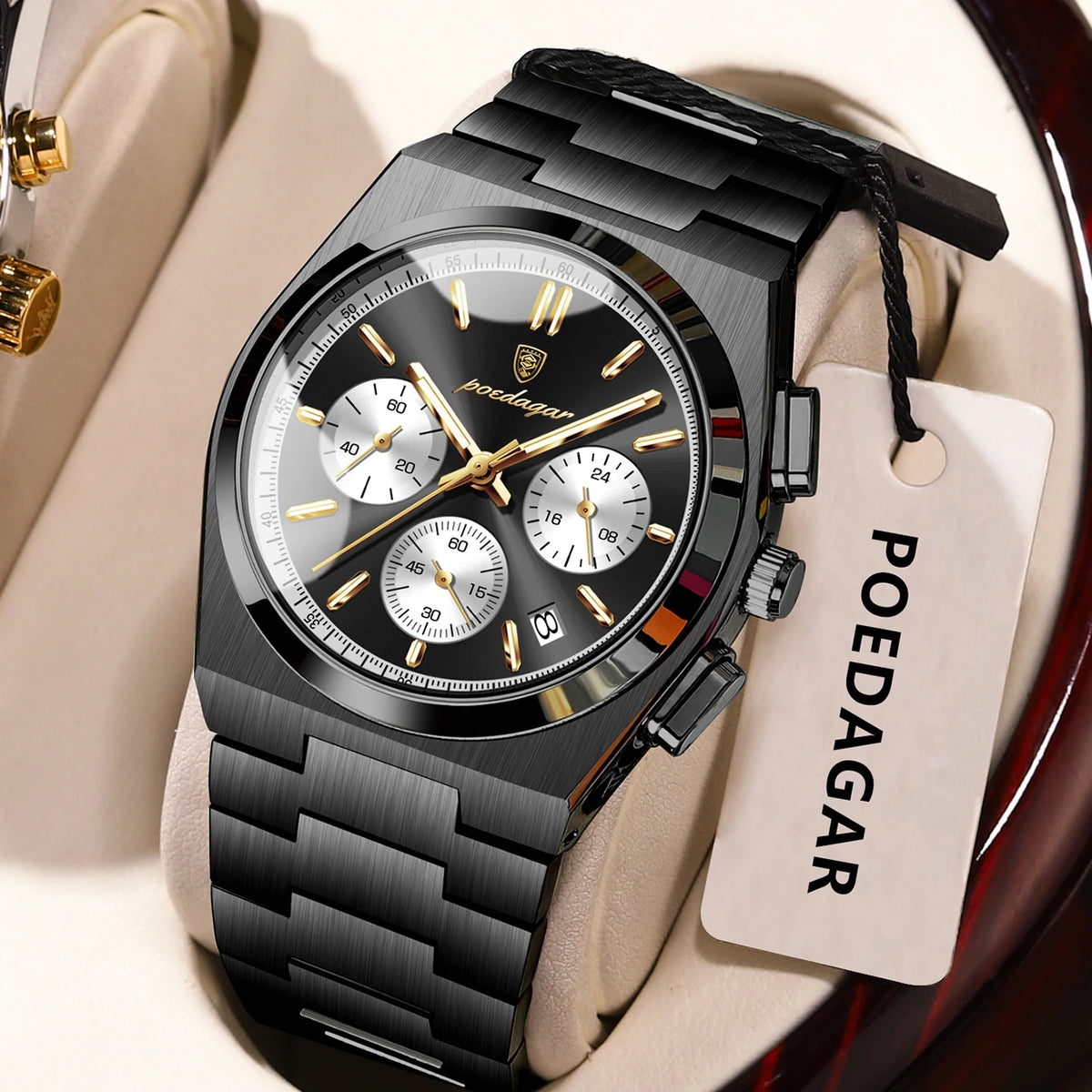 POEDAGAR herenhorloge – Luxe chronograaf van roestvrij staal, met datum, waterdicht en lichtgevend – Sportief quartz-polshorloge