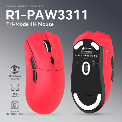 Ratón gaming trimodo ATTACK SHARK R1, sensor PixArt PAW3311, 18000 DPI, 1000hz, ultraligero de 59g para manos grandes, para PC/Mac