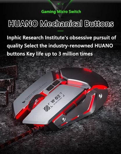 Inphic W2 2. generace USB kabelová herní myš, tiché kliknutí, kovový styl, 6 tlačítek s programováním maker, 8800DPI