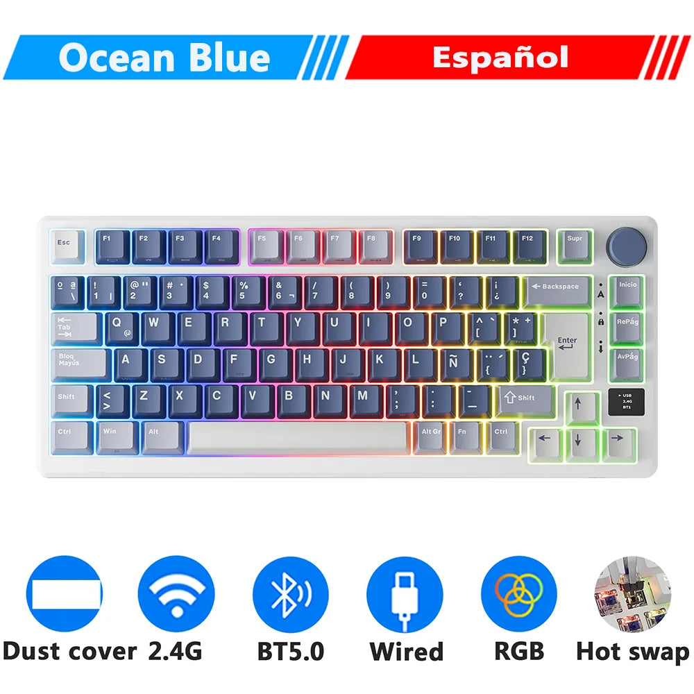 RK ROYAL KLUDGE M75 2.4G Wireless/Bluetooth/USB-C Mechanical Keyboard 81 Keys RGB Hot-Swappable Gasket Gamer Keyboard with Screen