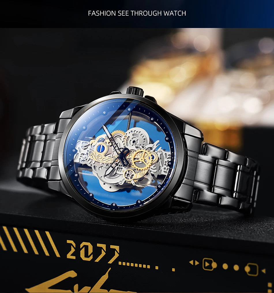 TPW Men’s Luxury Black & Gold Skeleton Quartz Watch Fashion Wristwatch