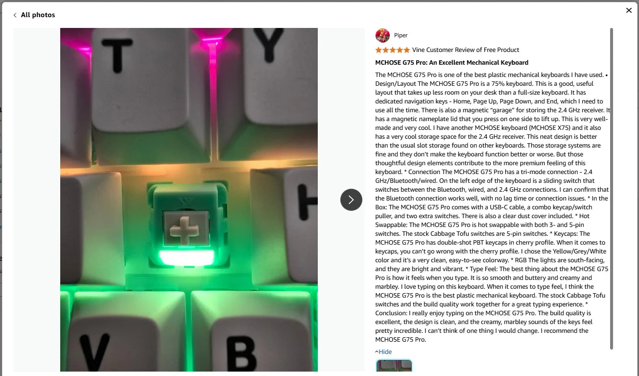 Teclado mecánico inalámbrico MCHOSE G75 Pro, diseño 75%, montaje gasket, 5 capas de amortiguación, retroiluminación RGB, triple modo y hot-swappable