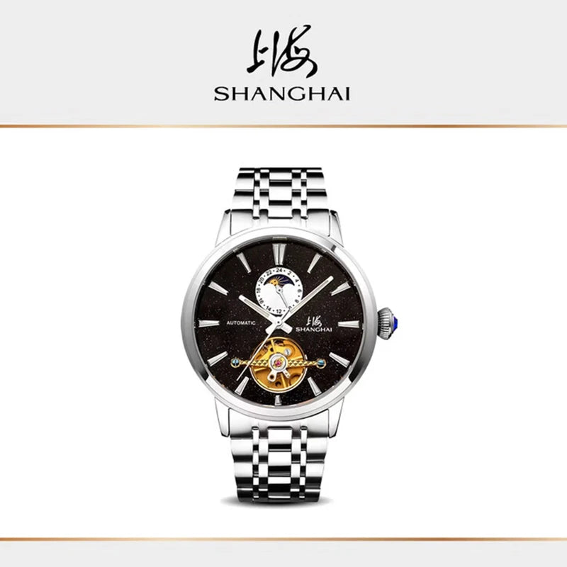 Shanghai Watch Flywheel Men's Watches Calendar Starlight Dial Automatic Mechanical Wristwatch 316L Stainless Steel Clock S8609