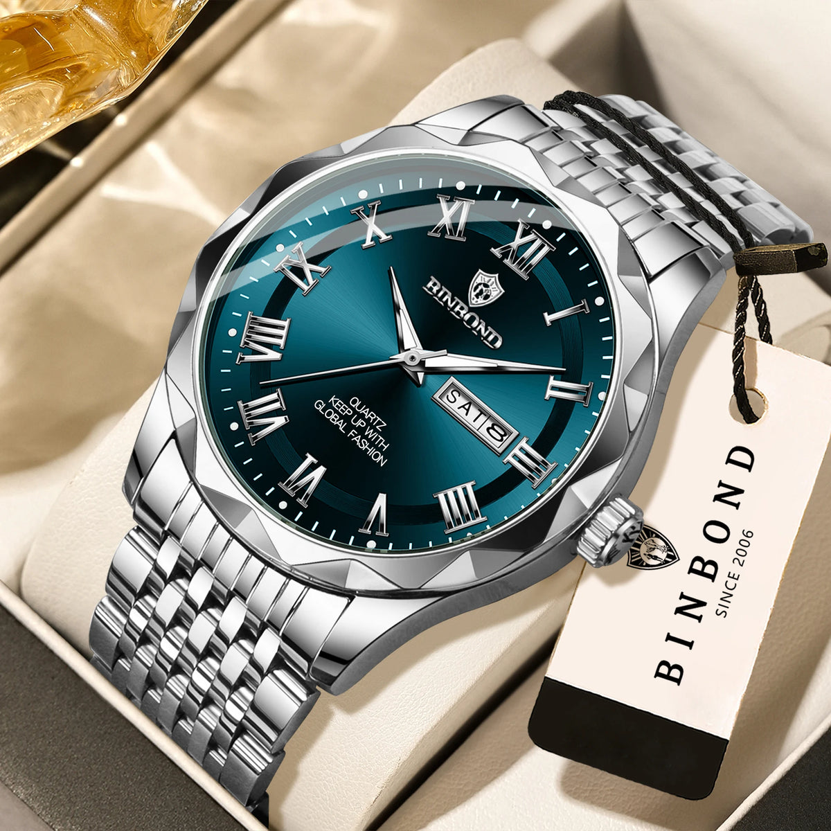 Luxe BINBOND Original Brand quartz-polshorloge voor heren, verlicht, waterdicht, automatische datum, weergave van de weekdag, casual stijl.