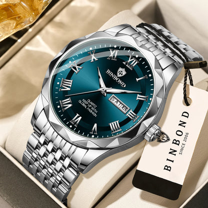 Luxe BINBOND Original Brand quartz-polshorloge voor heren, verlicht, waterdicht, automatische datum, weergave van de weekdag, casual stijl.