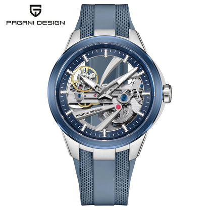 PAGANI DESIGN -miestenkello – Mekaaninen automaattinen luksusmalli, ”skelettityyppinen” (avoin rakenne), varustettu tourbillon-mekanismilla, heijastamattomalla safiirilasilla, vesitiivis ja valoa heijastava.