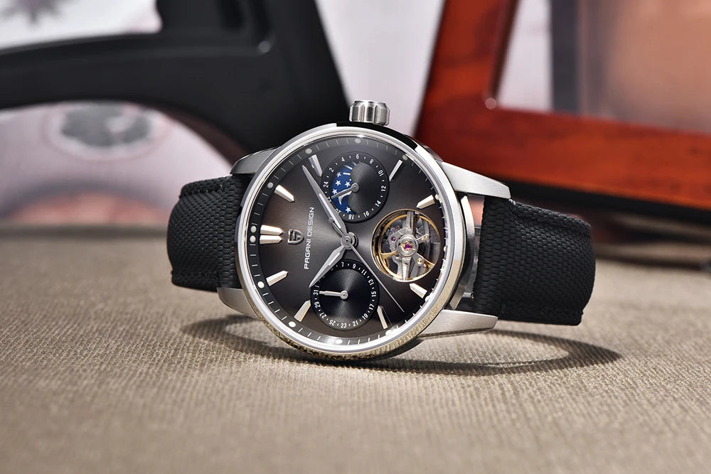 PAGANI DESIGN – Mechanische Luxusuhr für Herren, 41 mm, Saphirglas, Lederarmband, wasserdicht, Pilotenstil, mit Tourbillon und Mondphase