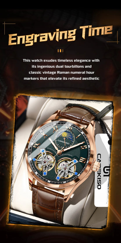 CAREKISO Fashion Men's Clock Double Hollow Tourbillon Automatic Mechanical Man Watch Waterproof Luminous Leather Men's Watches+Box