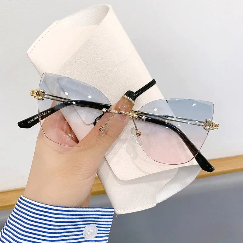 KLASSNUM Vintage Rimless Sunglasses Women Men Cat Eye Gradient Lens Sun Glasses UV400 Shades Protection Goggles for Party Xmas