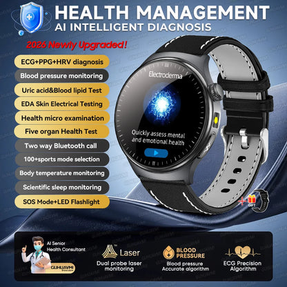 2026New AI-Diagnosis Care Smartwatch ECG+PPG Accurate Uric Acid Blood Pressure Body Fat Five organ Fitness Waterproof Smartwatch