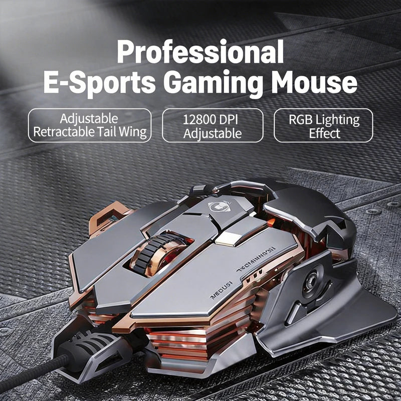 Mouse gaming cablato e-sport meccanico G5 RGB 9 pulsanti con programmazione macro, silenzioso, 12800 DPI per computer desktop e laptop