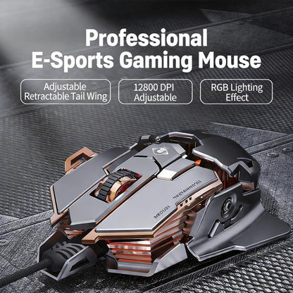 Mouse gaming cablato e-sport meccanico G5 RGB 9 pulsanti con programmazione macro, silenzioso, 12800 DPI per computer desktop e laptop