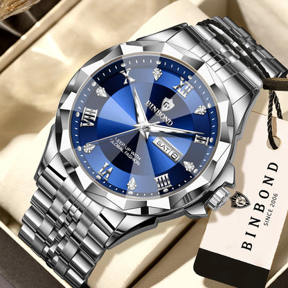 BINBOND Quarz-Herrenuhr – Luxuriöse, leuchtende und wasserdichte Armbanduhr mit automatischer Wochentags- und Datumsanzeige.