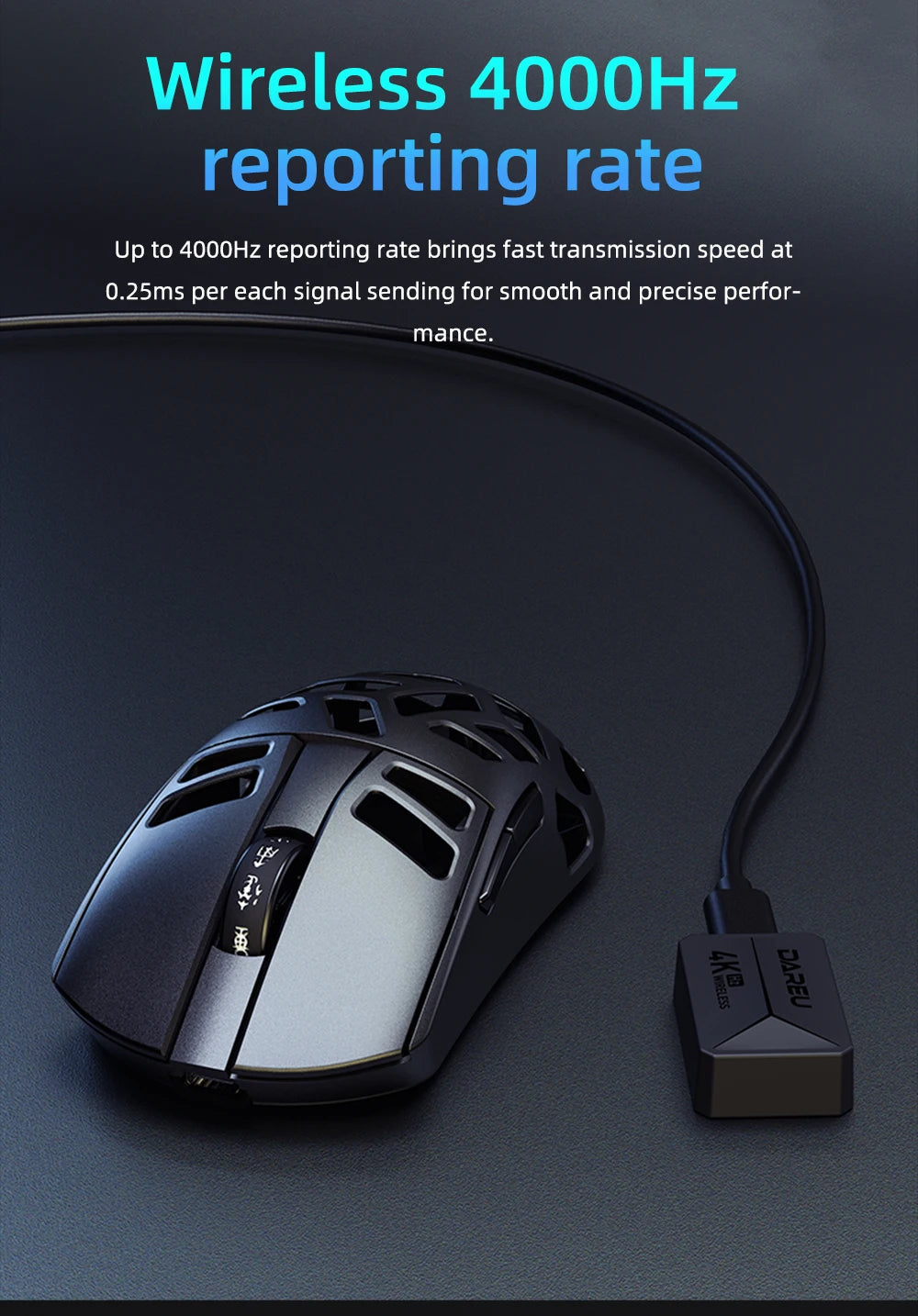Ratón gaming inalámbrico DAREU Al-mg trimodo 8Khz PBT con carga rápida, PAW3950, 30000 DPI, ligero, para PC gamer
