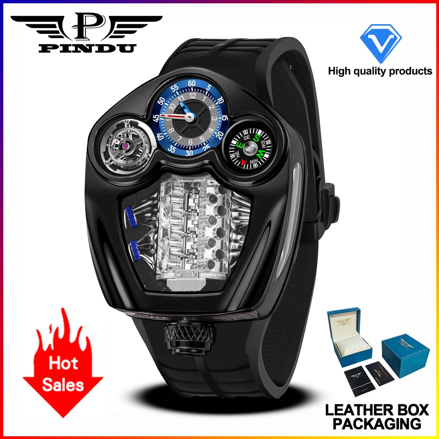 PINDU Design NEW Engine Series Quartz Watch Men TOP-luxurious Stainless steel Compass Waterproof Swiss quartz 762 movement watch