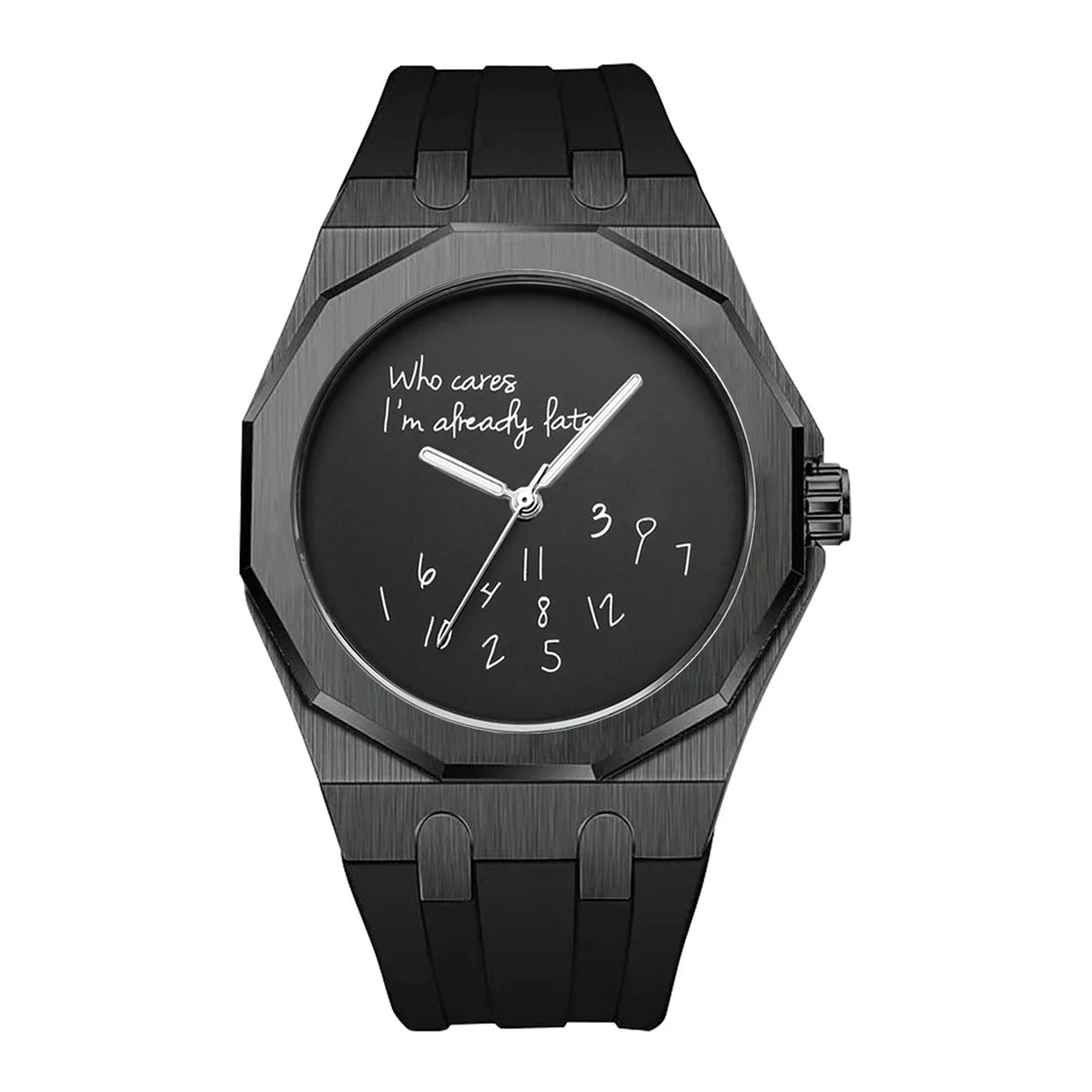 Montre pour homme de luxe avec boîtier octogonal et bracelet en silicone, étanche, dotée d'un cadran arborant le slogan humoristique « Who Cares I'm Already Late » (Et puis quoi, je suis déjà en retard).