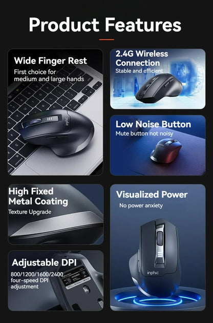 Brezžična miška Inphic M9 z 2.4G USB-sprejemnikom, polnilna prek Type-C, tihimi gumbi, prikazom napolnjenosti in ergonomsko zasnovo – univerzalna pisarniška miška