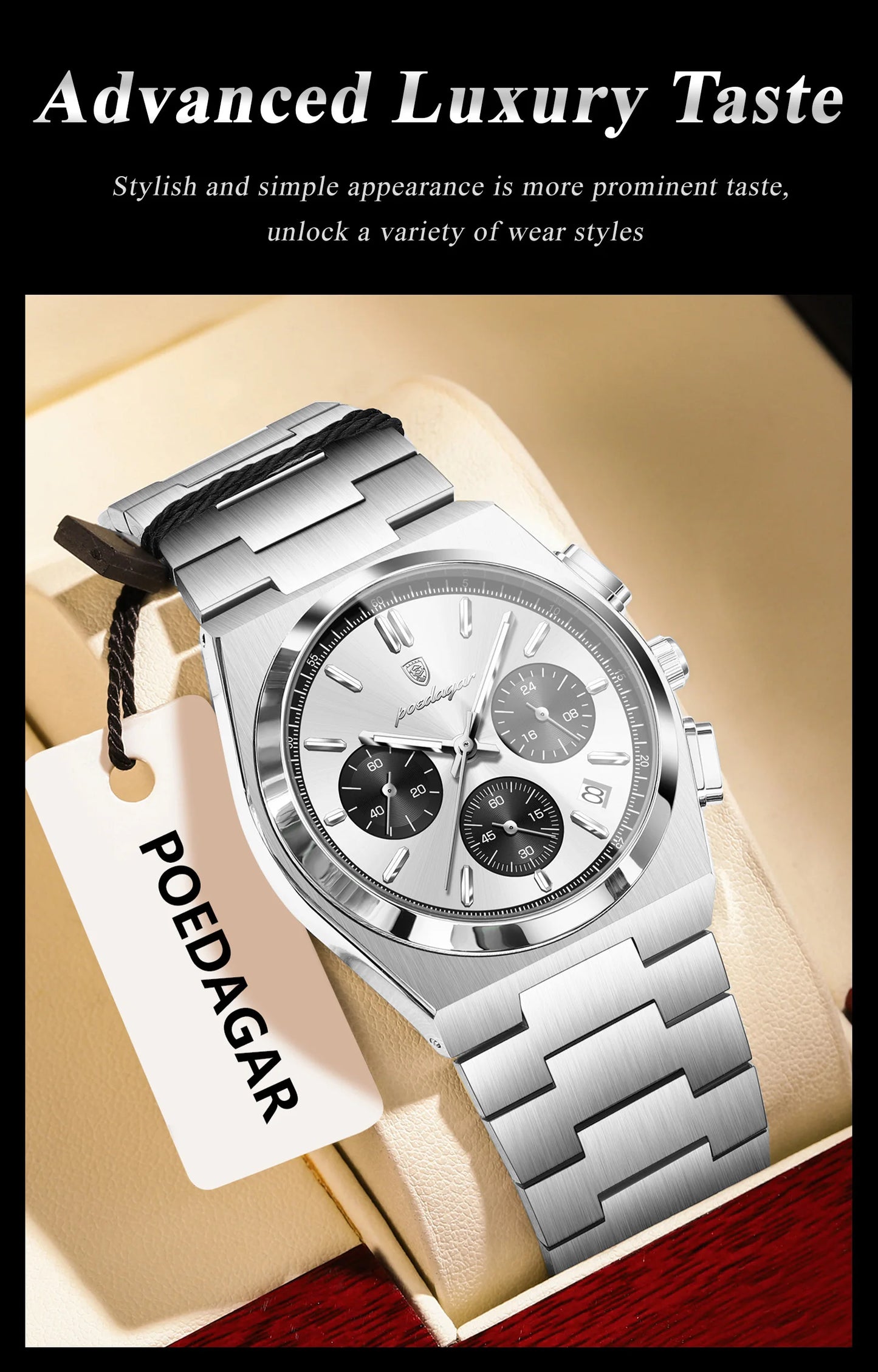 POEDAGAR Luxury Men's Watch Chronograph Date Stainless Steel Casual Man Clock Waterproof Luminous Fashion Quartz Watches For Men