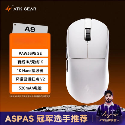 Ratón gaming inalámbrico Bluetooth ATK Dragonfly A9, diseño ergonómico, respuesta rápida, PAW3950 Ultra, 800mAh, ligero, 8KHz, esports