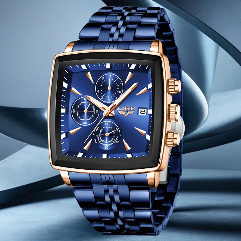 Relojes de lujo para hombre LIGE, modelo cuadrado, estilo clásico y moderno, de acero inoxidable, resistentes al agua, deportivos y desenfadados, con mecanismo de cuarzo.