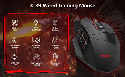 E-YOOSO X-39 programmierbare Gaming-Maus, kabelgebundene RGB-Maus mit 18 Tasten, 8 herausnehmbaren Gewichten, 5 DPI-Stufen, ergonomischem Griff für Computer