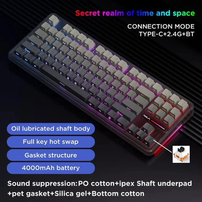Teclado mecánico AULA F87 Pro 2.4g/USB/Bluetooth inalámbrico trimodo de 87 teclas, RGB, PBT, gasket, 5 capas de amortiguación, teclas completas sin impacto