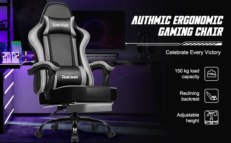 AUTHMIC Ergonomic Gaming Chair with 170° Reclining Backrest, Foldable Footrest, Soft Armrests, Supports150kg,Breathable Material