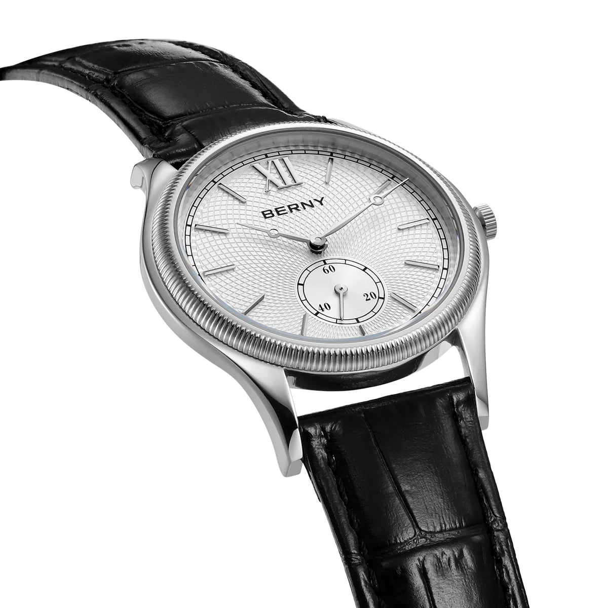 BERNY Men's Watches Luxury Classic Stylish Dress Quartz Watch Slim Stainless Steel Case Elegance Leather Strap Wristwatch
