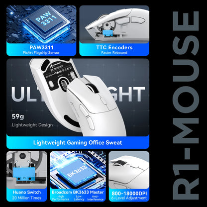 Ratón gaming trimodo ATTACK SHARK R1, sensor PixArt PAW3311, 18000 DPI, 1000hz, ultraligero de 59g para manos grandes, para PC/Mac