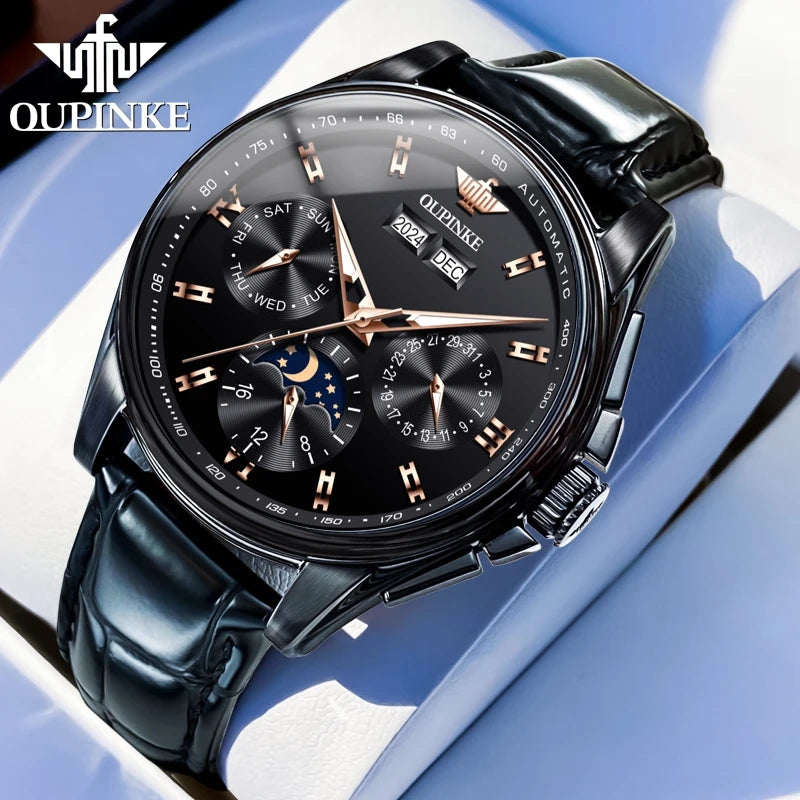 OUPINKE 3189 Classic Men's Watch Leather Strap Waterproof Moon phase Top Brand Automatic Mechanical Men's Wristwatch