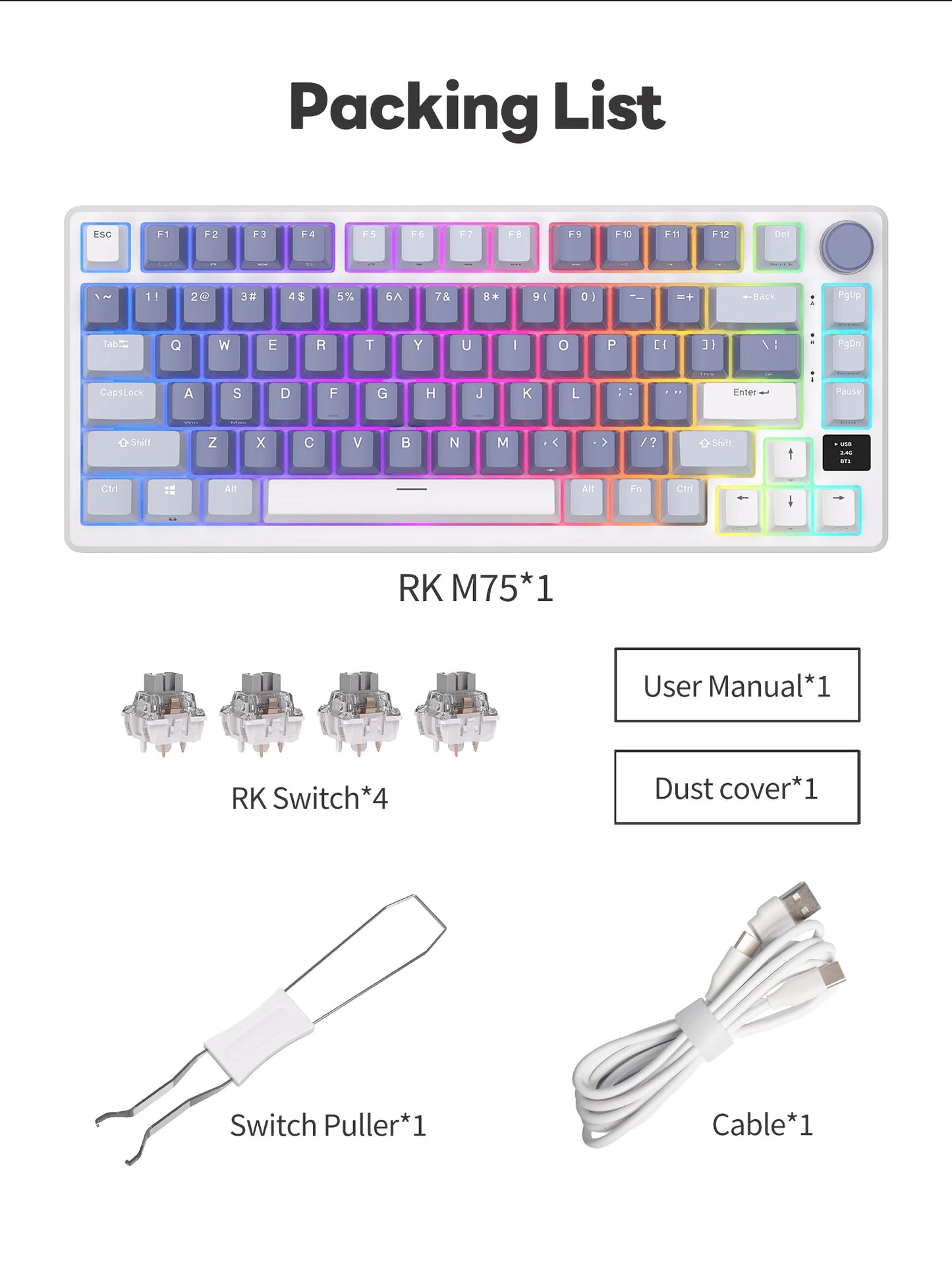 RK ROYAL KLUDGE M75 2.4G Wireless/Bluetooth/USB-C Mechanical Keyboard 81 Keys RGB Hot-Swappable Gasket Gamer Keyboard with Screen