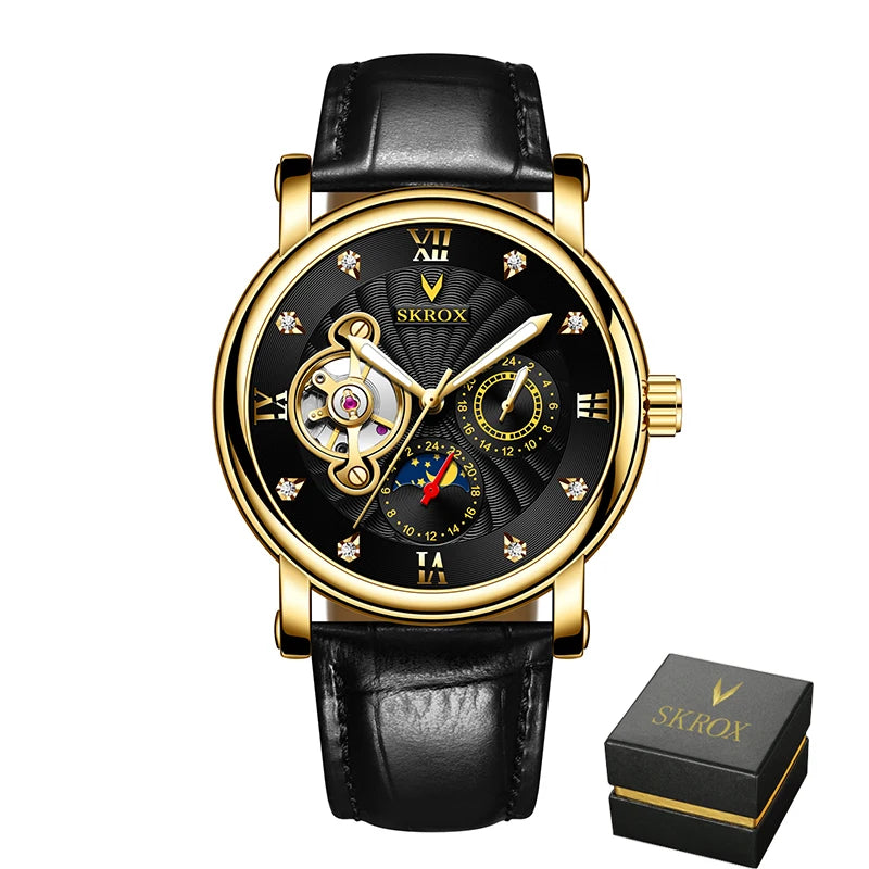 Luksusowy męski zegarek mechaniczny z automatycznym naciągiem, sygnowany przez renomowaną markę, wyposażony w tourbillon, wskaźnik faz księżyca i diamenty – elegancki zegarek na rękę.